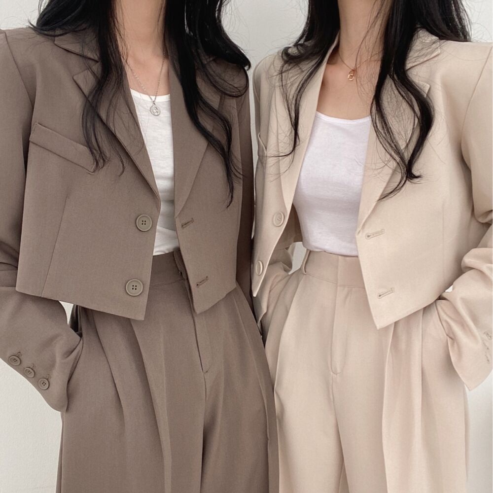 XIAOZHAINV Korean Style Blazer Crop Top+High Waist Straight Casual Suit Pants