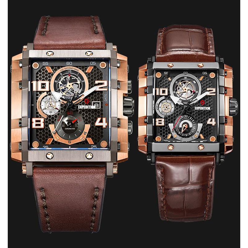 Expedition E 6757 BRG Couple Black Dial Brown Leather Strap