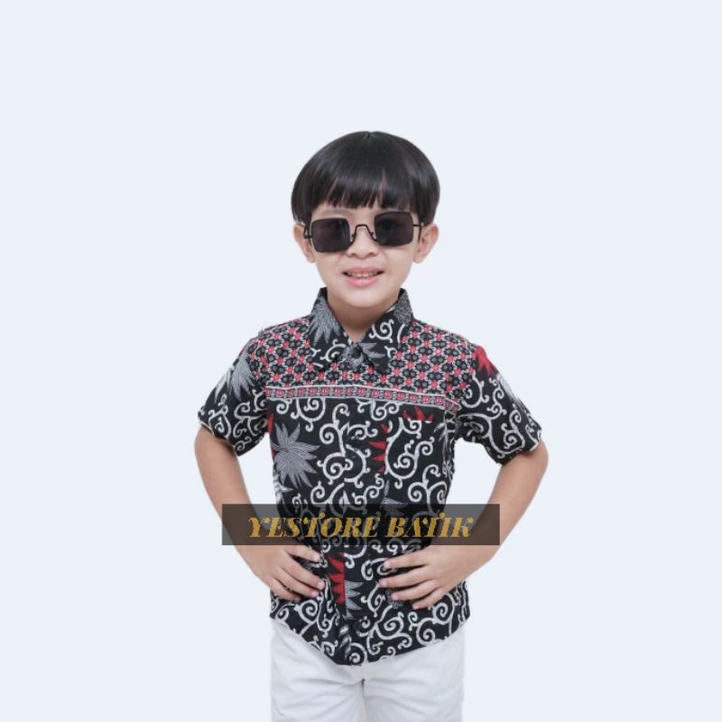 Baju Batik Anak Lengan Pendek Hem Batik Anak Laki-laki Motif Kembang Langit Abu