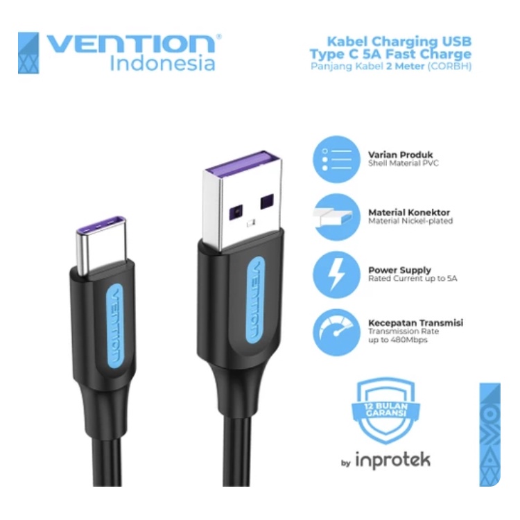 [2M] Vention Kabel USB to USB Type C Fast Charging 5A - Tipe COR