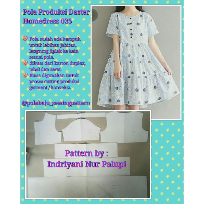 Pola Daster rempel kerut 3 susun 035 - Pola Instan untuk Produksi konveksi baju dress wanita - Sewing Pattern