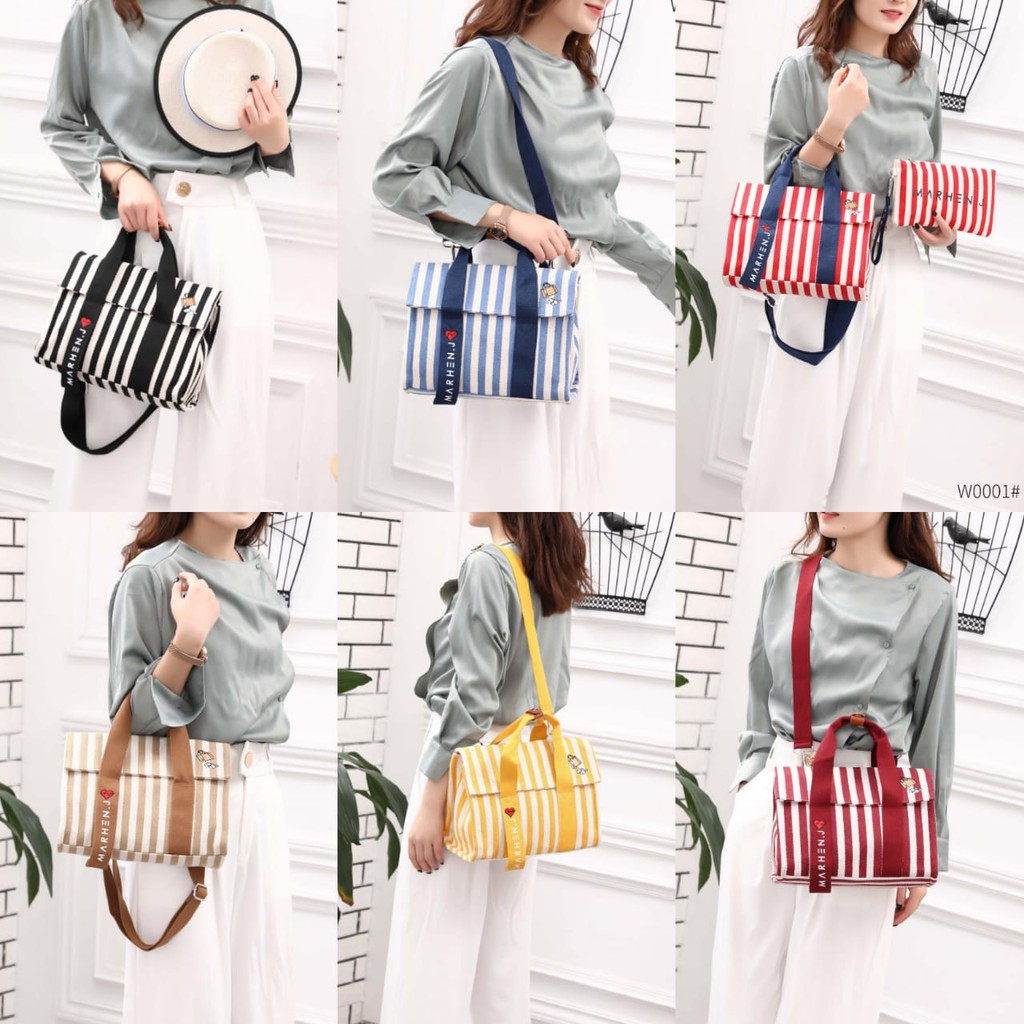 CK01 MARHEN J ROY STRIPES CANVAS TOTE BAG SET POUCH W0001  TAS WANITA TAS IMPOR