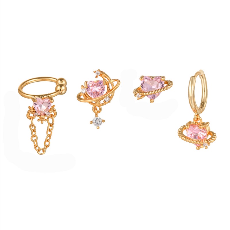 4 Pcs / set Anting Stud Zirconium 18K Gold-plated Bentuk Hati Warna Pink Peach Untuk Wanita