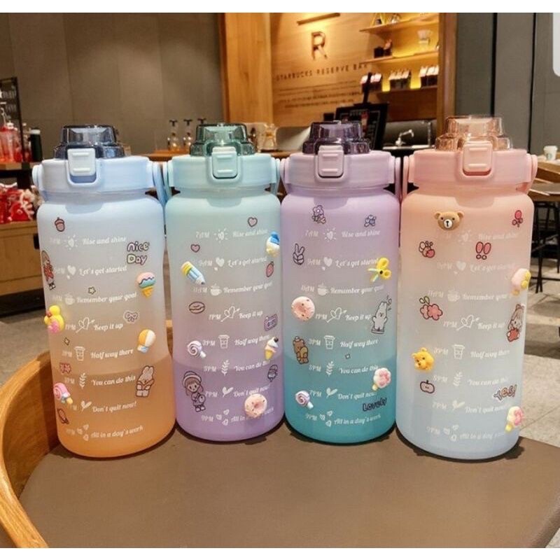 Botol Minum Viral Jumbo Transparan Full Colour Travel Sport Water Botol Minum Motivasi Penanda Waktu