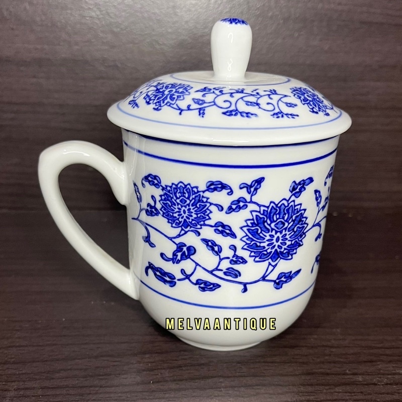 Mug Keramik Biru Putih + Tutup