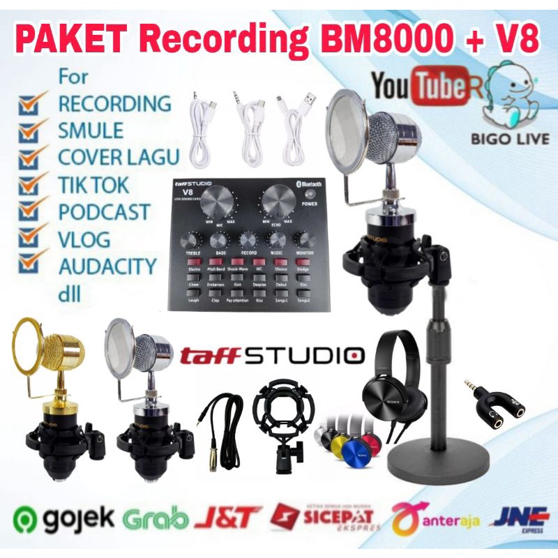 Paket Mic BM8000 Soundcard V8 Stand Meja Besi Home Recording Terbaik