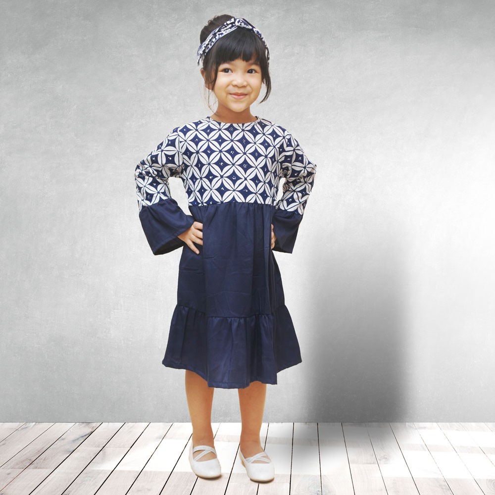 dress tunik batik anak cewek seri kawung navy 6bulan-12 tahun