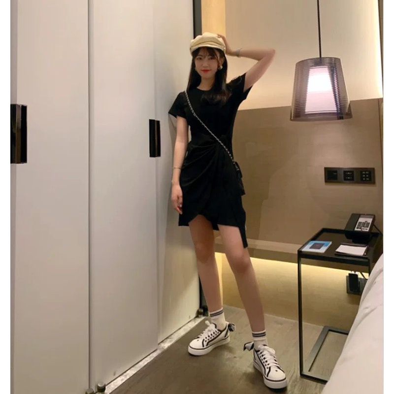 [littlecrab] Dress Wanita Wrapping Hitam Abu-Abu Dress Santai High Class Dress Model Santai Hang Out Dress High Quality Dress Pendek Dress Pesta Dress Simple Polos Elegan Casual Korean Style