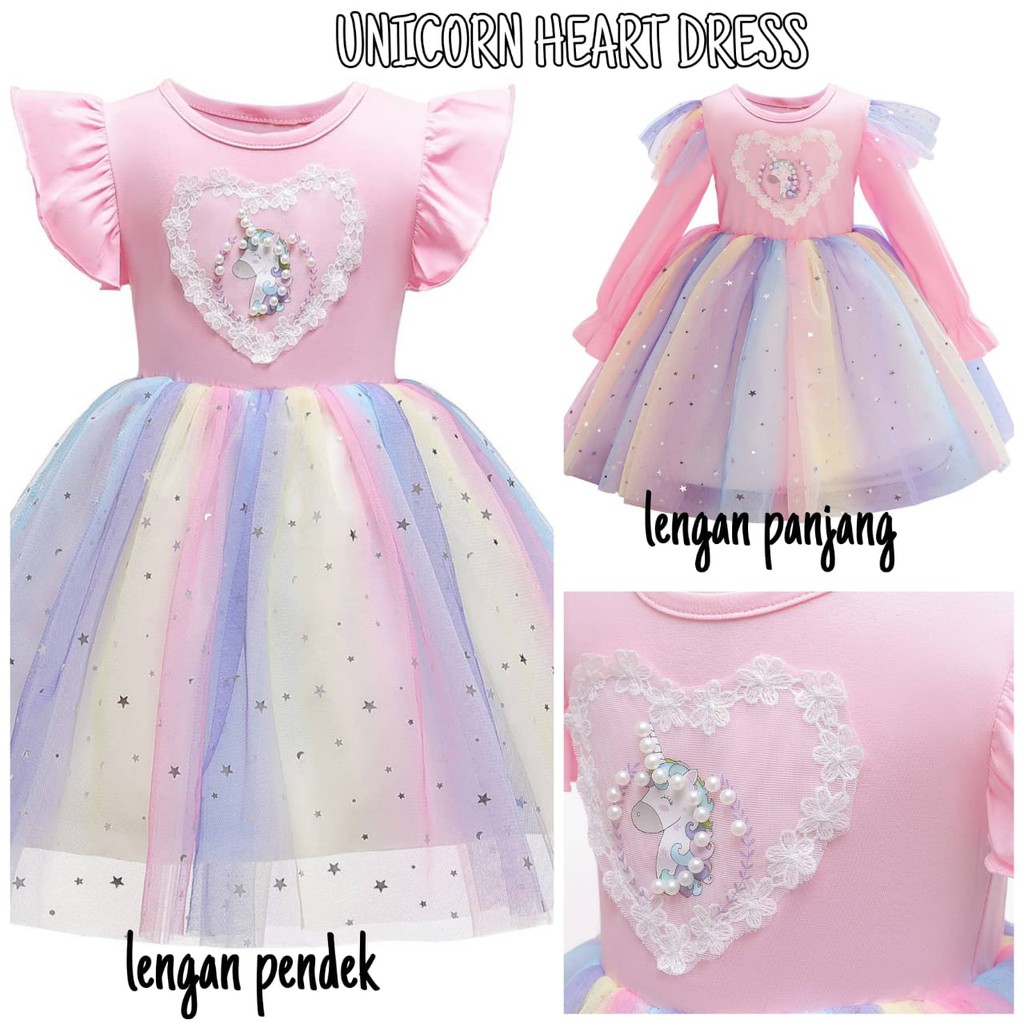 UNICORN HEART DRESS LENGAN PENDEK PANJANG / DRES PESTA RAINBOW / GAUN PRINCESS ANAK TUTU PELANGI