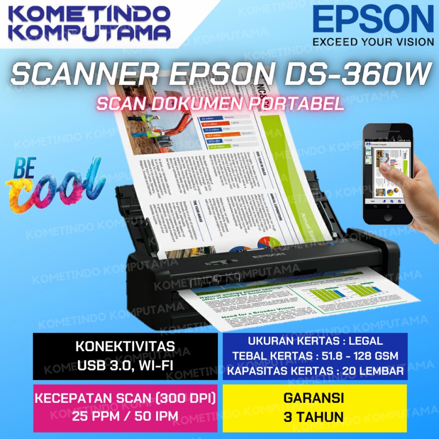 Epson WorkForce DS-360W Wi-Fi Portable Sheet-fed Document Scanner / A4 Portable Sheet Fed Colour Scanner DS360W