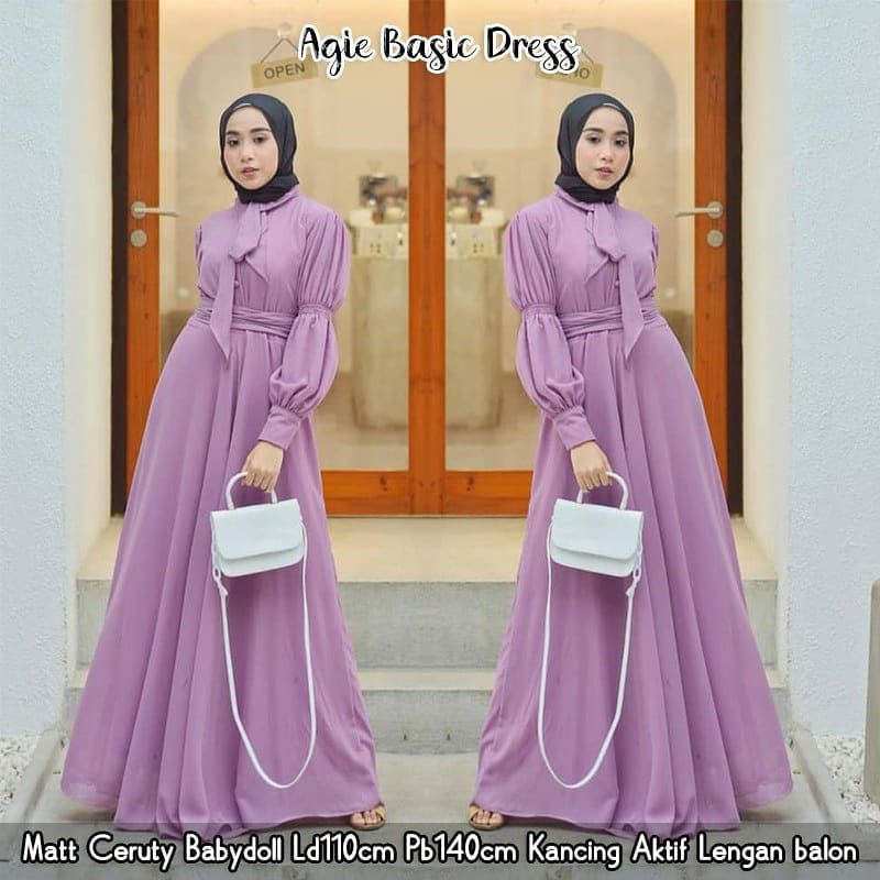 Baju Gamis Wanita Muslim Agie Basic Maxi Dress Ceruti Babydoll Polos Busui Lengan Balon Modern Baru Shopee Indonesia