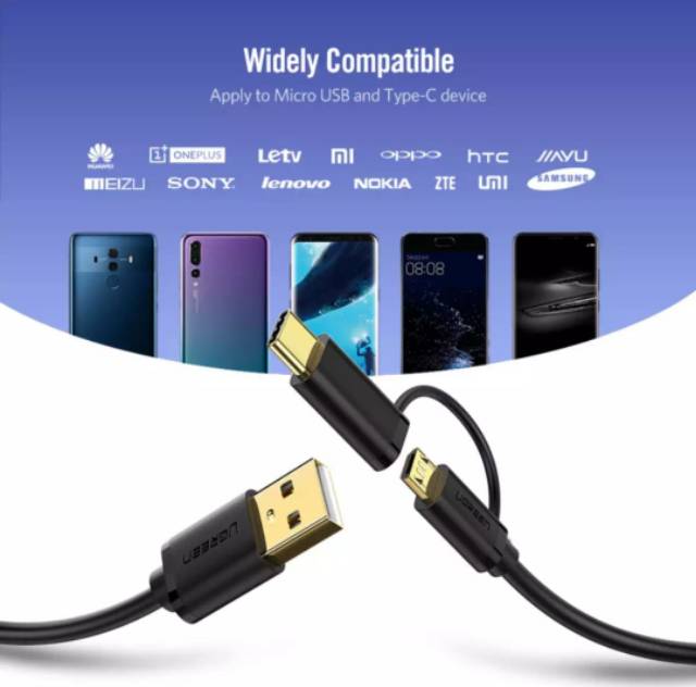 Ugreen Kabel Charger 2 in 1 Micro Usb &amp; Type C 2.4 A Fast Charging