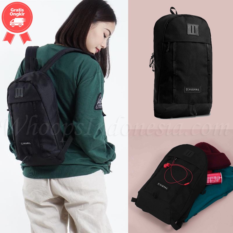 Tas Ransel Backpack VISVAL RIDLEY Minimalis Pria Wanita Cowok Cewek Sekolah Kuliah Murah Black Hitam