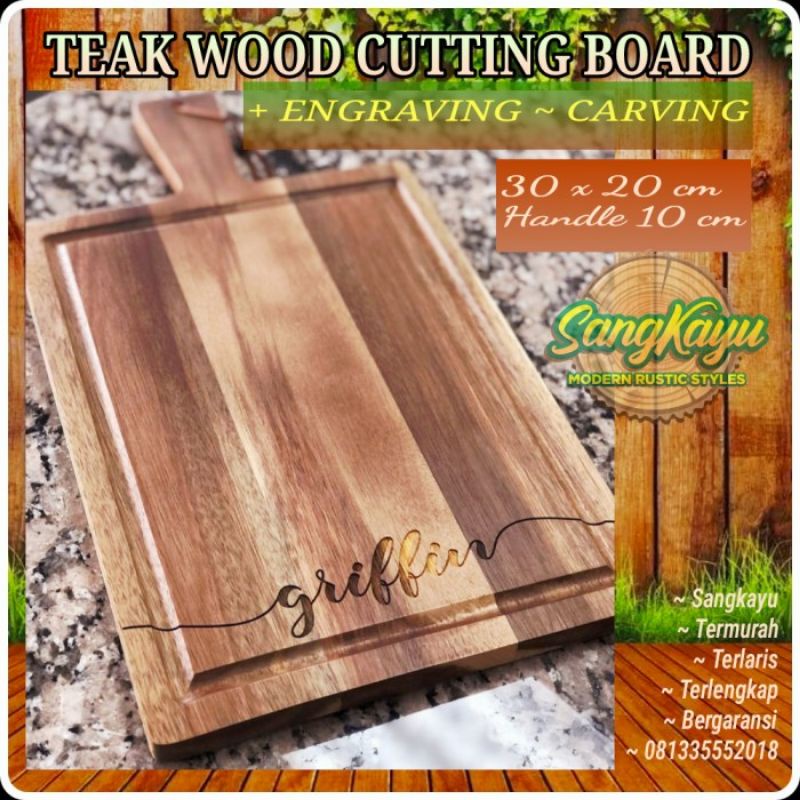 Talenan kayu jati + ukir nama engraved cutting board line edge 30x20