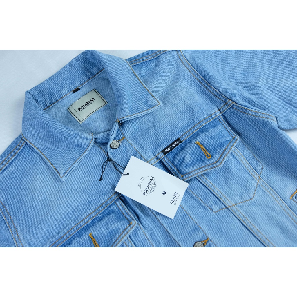 JAKET JEANS PRIA PULL&amp;BEAR BLUE SKY JACKET DENIM SLIM PULL AND BEAR P&amp;B PULLANDBEAR BIRU MUDA LANGIT