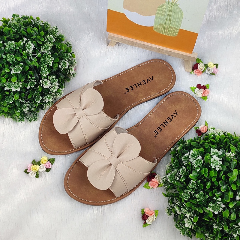 Sandal Wanita Terbaru Slop Flat Sol Karet Anti Licin Motif Bunga Cantik