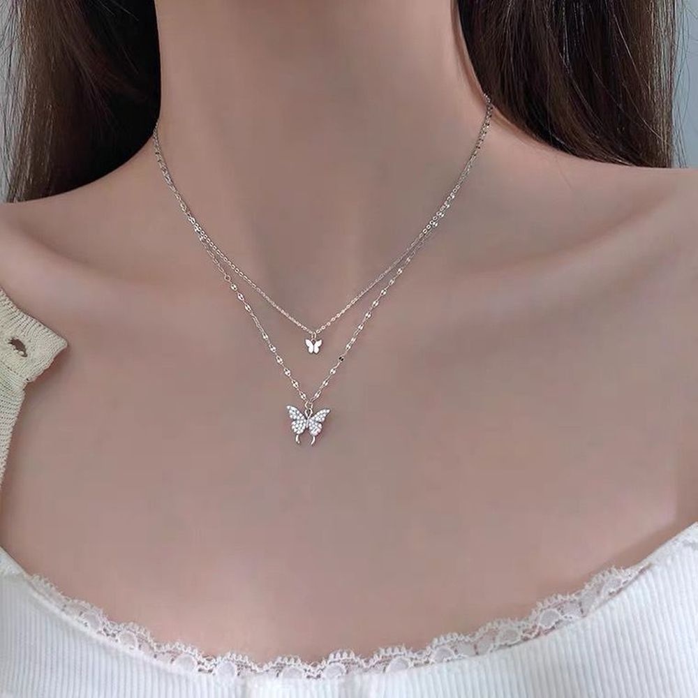 Kalung Rantai Klavikula Desain Kupu-Kupu Ganda Bahan Sterling Silver Untuk Wanita