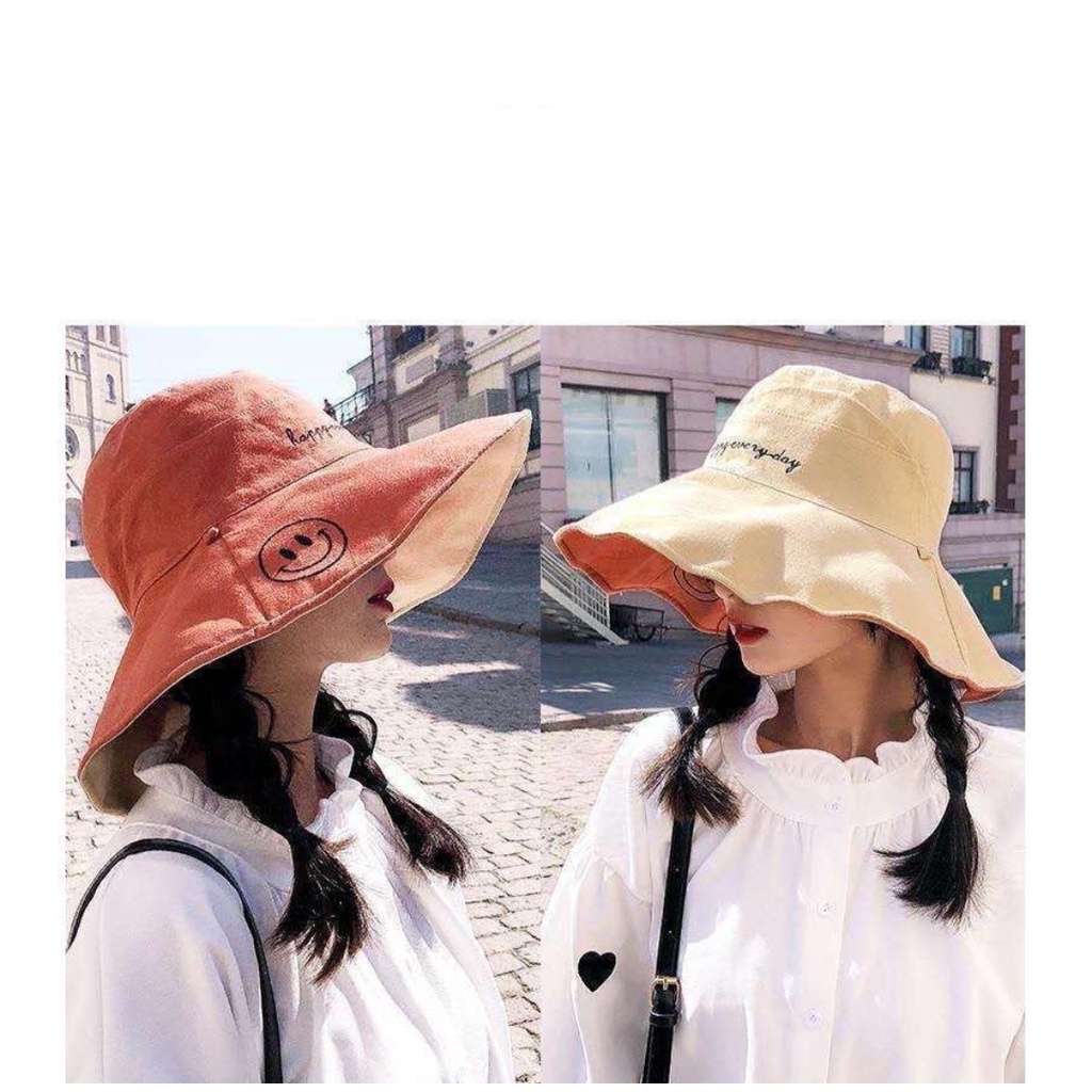 Topi Bucket korea / Bucket pantai Wanita Motif Bordir Smile Face untuk Outdoor bolak balik