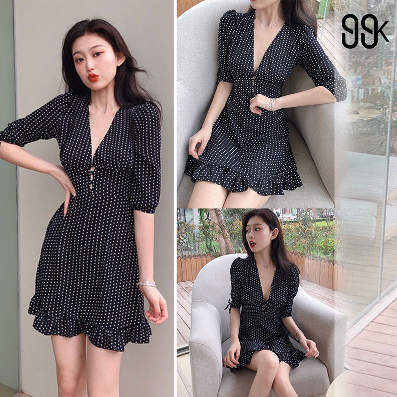 Korean Ruffle Vneck Polkadot Mini Dress Wanita Motif Polkadot 1046 (XS-XL)