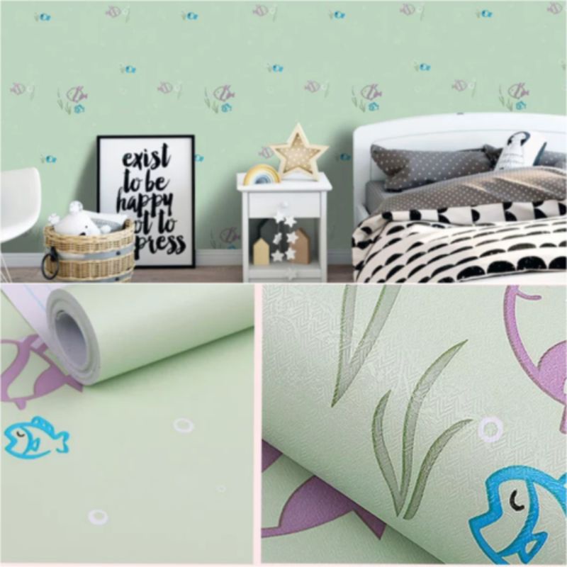 grosir murah wallpaper motip hijau tosca ikan