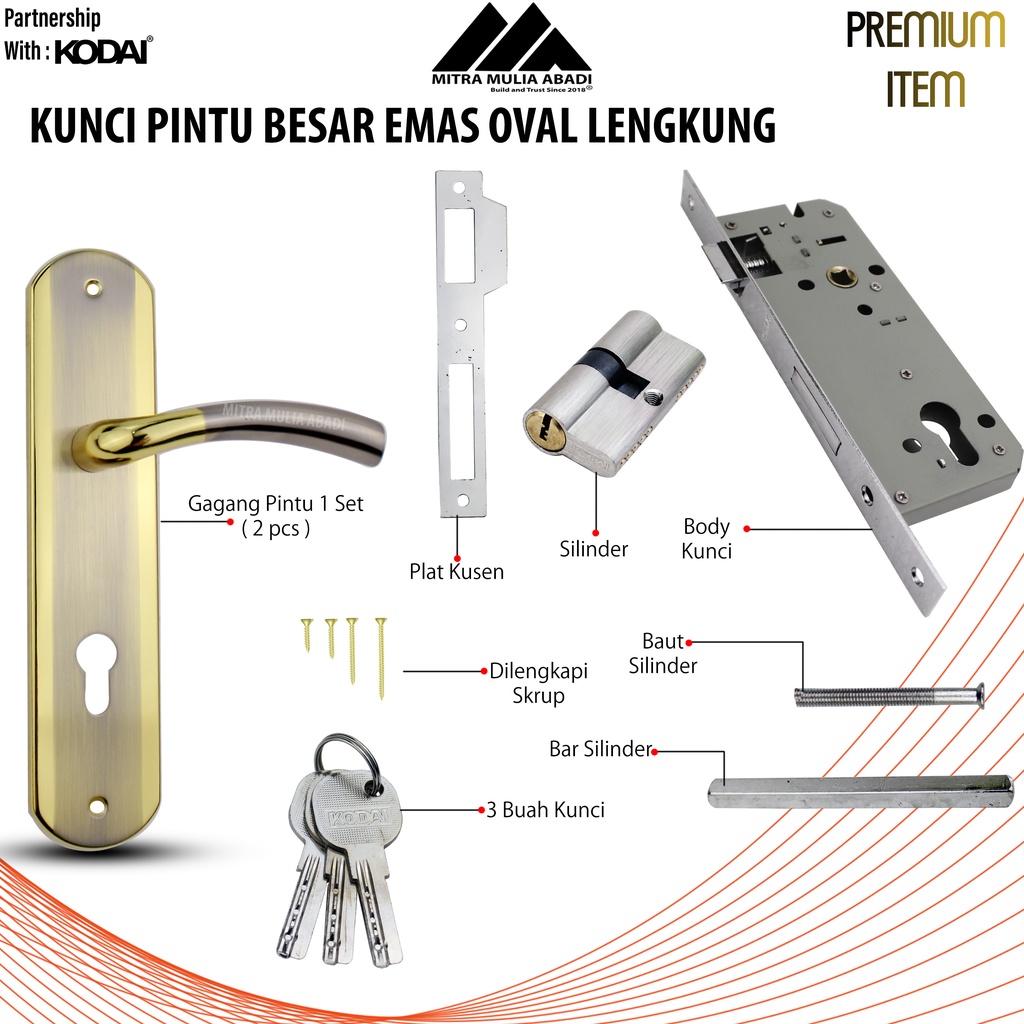 Kunci Pintu Besar Emas Ultima by KODAI | Oval Lengkung | Full Set