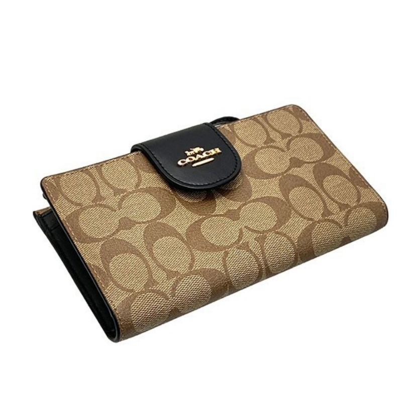 Coach Tech Phone Wallet Colorblock Signature Canvas Khaki Black (C2874)