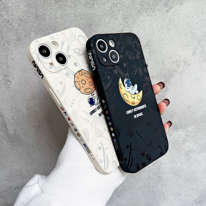 Cute Moon Astronaut Soft Case iP iPhone 6 6S 7 8 + Plus X XR SE 2020 XS Max 11 12 13 Pro Max Side Pattern Casing