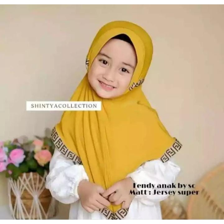 kerudung instan jersey bergo anak perempuan fendi umur 3-8 tahun bahan jersey hyget jumbo motif list tali serut ped antem terbaru