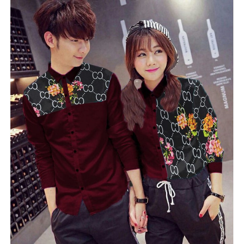 Guci Flower Maroon Hitam / baju couple / kemeja couple / kemeja pria / couple / kemeja wanita