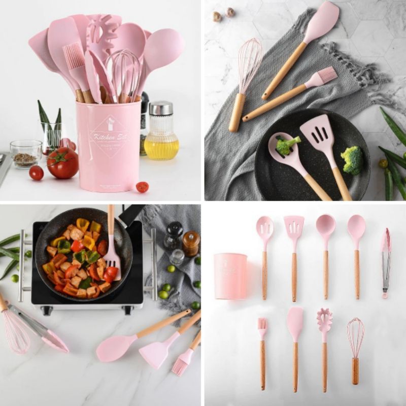 12pcs Spatula Set Alat Masak Dapur Sutil Pegangan Kayu Kitchen Utensil Silikon Non Stick