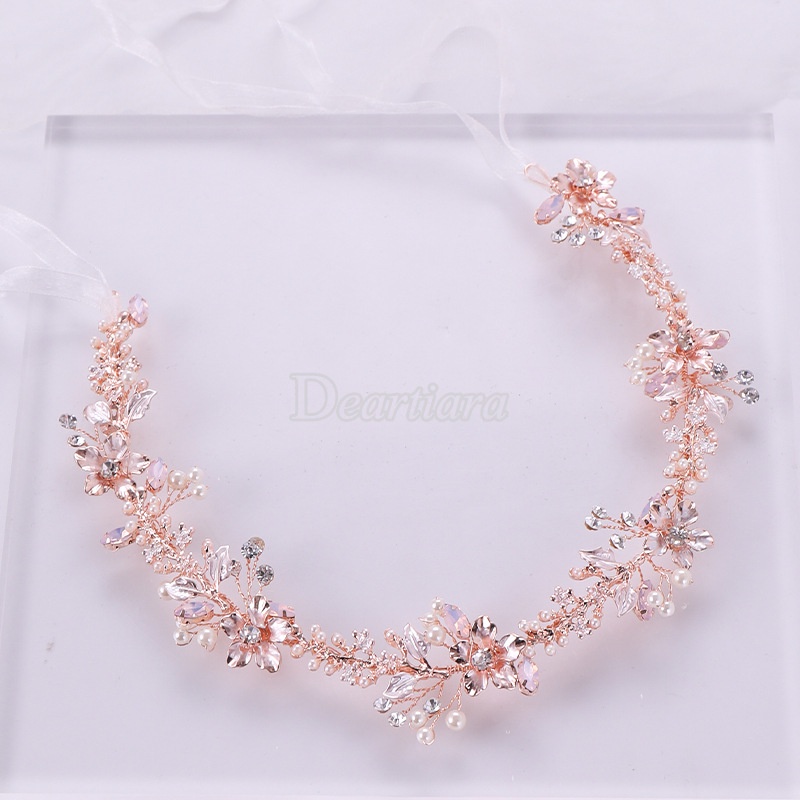 Bando Tiara Handmade Desain Bunga Rose Gold Hias Kristal Mutiara Untuk Pengantin Wanita