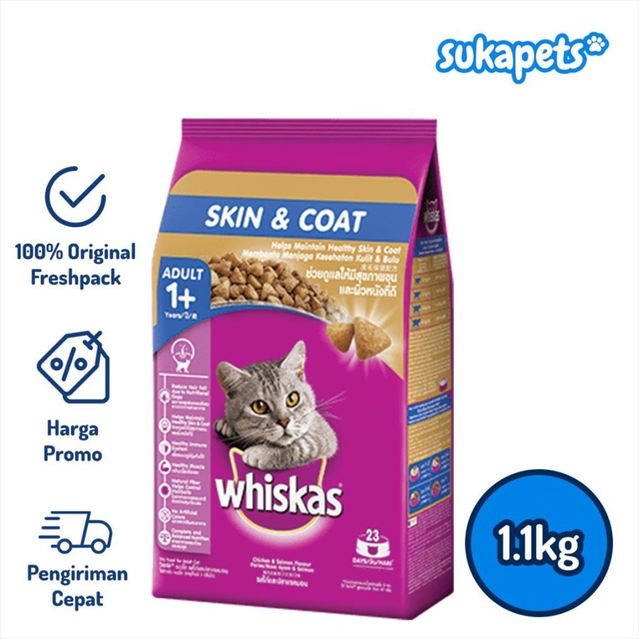 Whiskas Adult Cat Skin &amp; Coat Makanan Kucing Kering 1.1kg