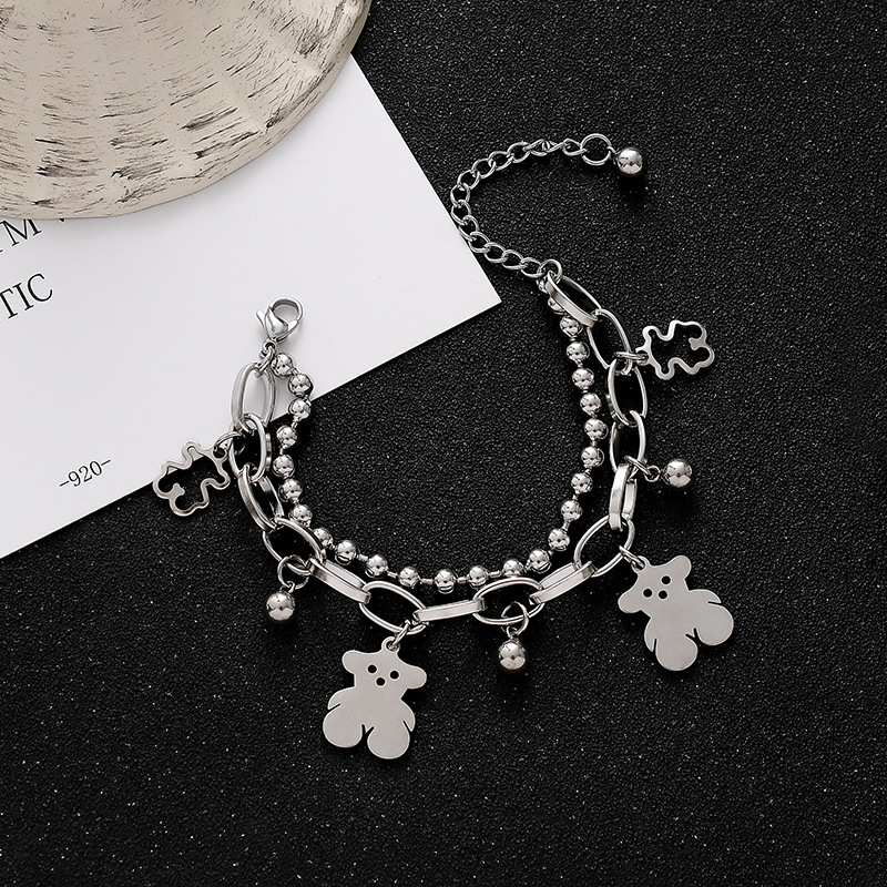 Korean Fashion Multilayer Little Bear Round Bead Silver Bracelet Cute Creative Couple Bracelets Jewelry Accessories