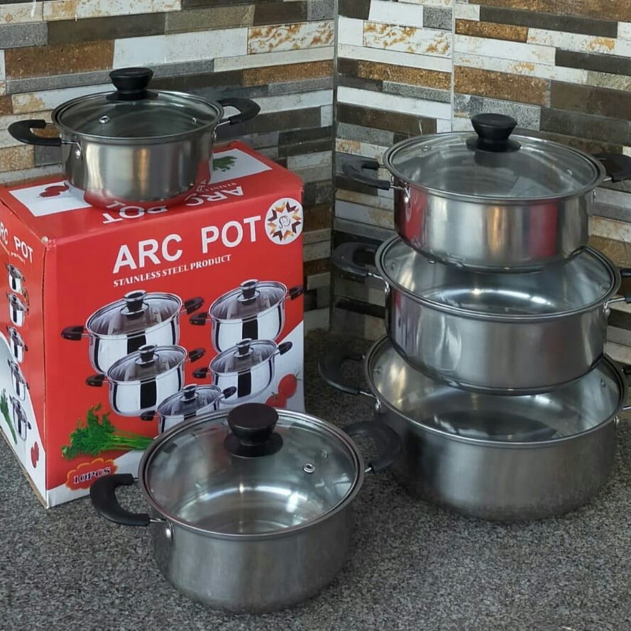 Promo Terbaru!!! Panci ARC POT Set 10pcs Stainless Steel Dengan Penutup Kaca 5 Susun Anti Lengket Berkualitas