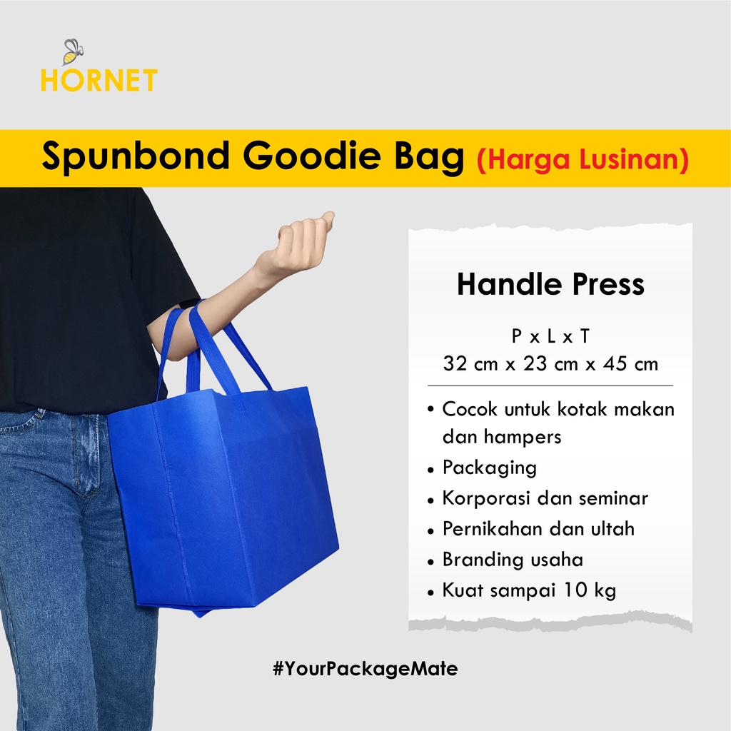 

Tas Spunbond Goodie Bag Handle Press Nasi Box Kotak Kue Ukuran 32 x 23 x 45