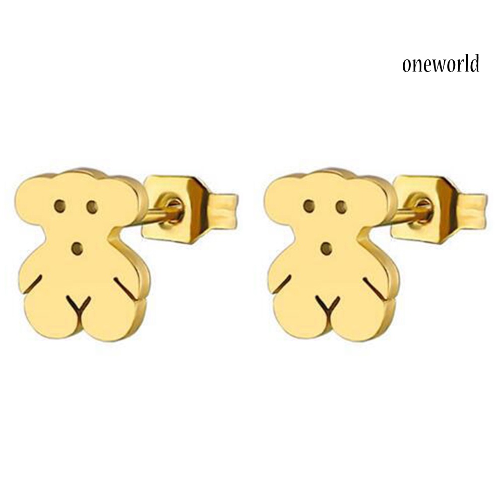 OW@ Women Cute Cartoon Mini Stainless Steel Bear Ear Stud Earrings Jewelry Gift