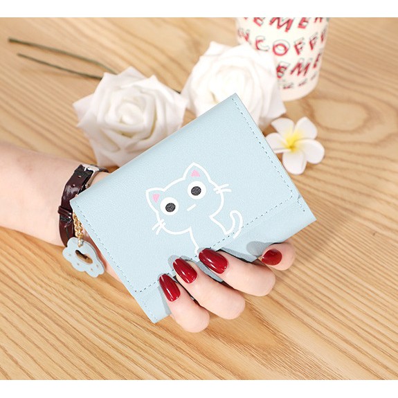 W15 Dompet Wanita Mini Happy Cat Perempuan Cewek Lucu Kantong Koin Kartu Uang Foto Cantik Women Wallet Kulit PU Leather Hitam Lipat Kecil Panjang  Sapi Korea Pria Cowok Laki Laki Cowo Import Premium Murah Tas Dompet Wanita Import Cewe Cantik Lipat