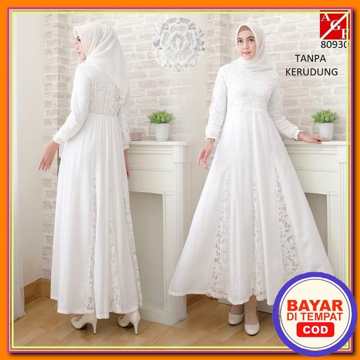 Dress Gamis Wanita Terbaru 2021 Premium Mewah Remaja Tanggung Kek NR365  Putih Brukat Syari Putih