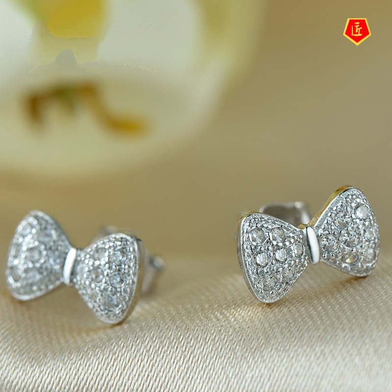 [Ready Stock]Full Diamond Bow Stud Earrings Silver Graceful Fashionable