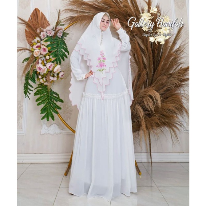Gamis syari set khimar panjang zahrana putih polos bordir cantik mewah keren pesta kondangan haji um