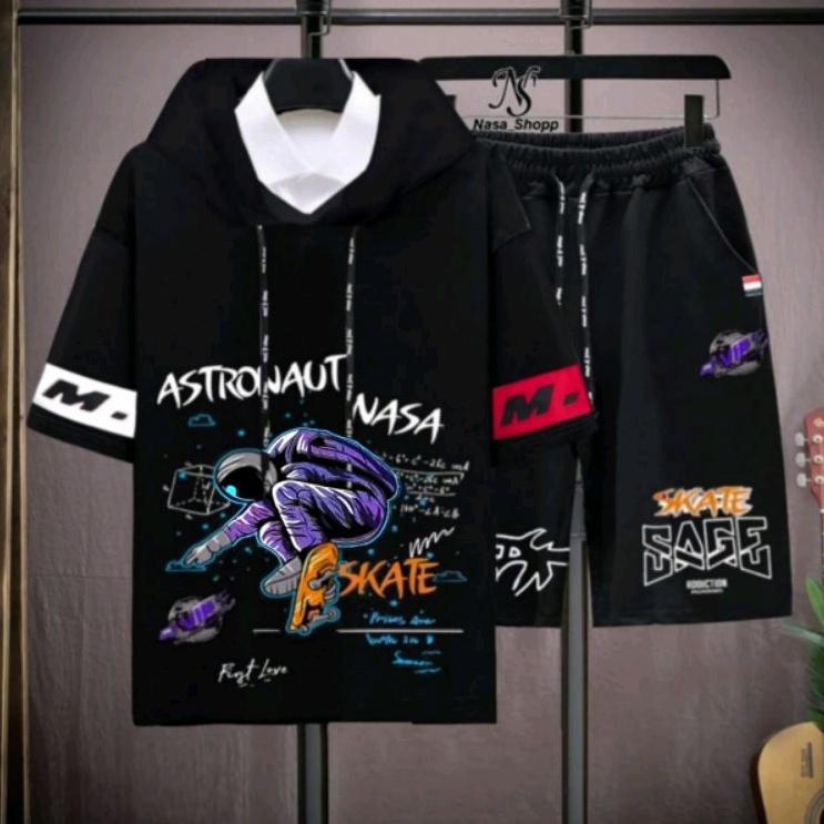 N_S Stelan Pria/Wanita 1Set Distro Baju Hoodie+Celana Pendek ASTRONAUT SKATEEE