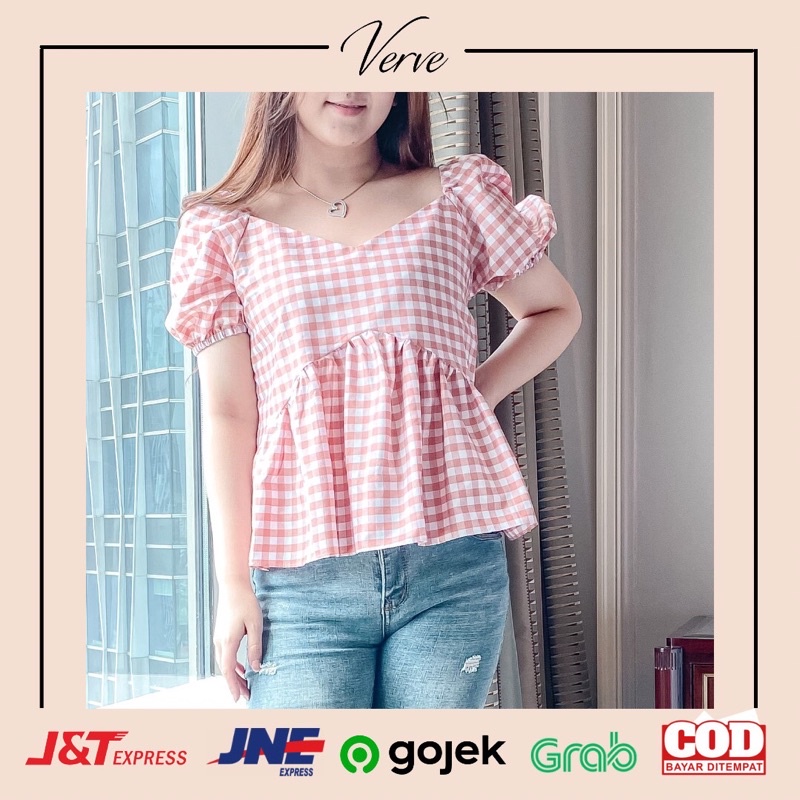 Ara Top - Baju Atasan Blouse Katun Lengan Tangan Balon Kotak Kotak Wanita