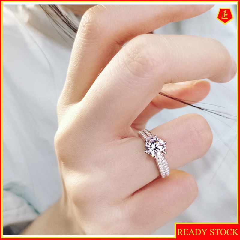 [Ready Stock]Six-Claw Row Diamond Ring Female S925 Silver Fashion