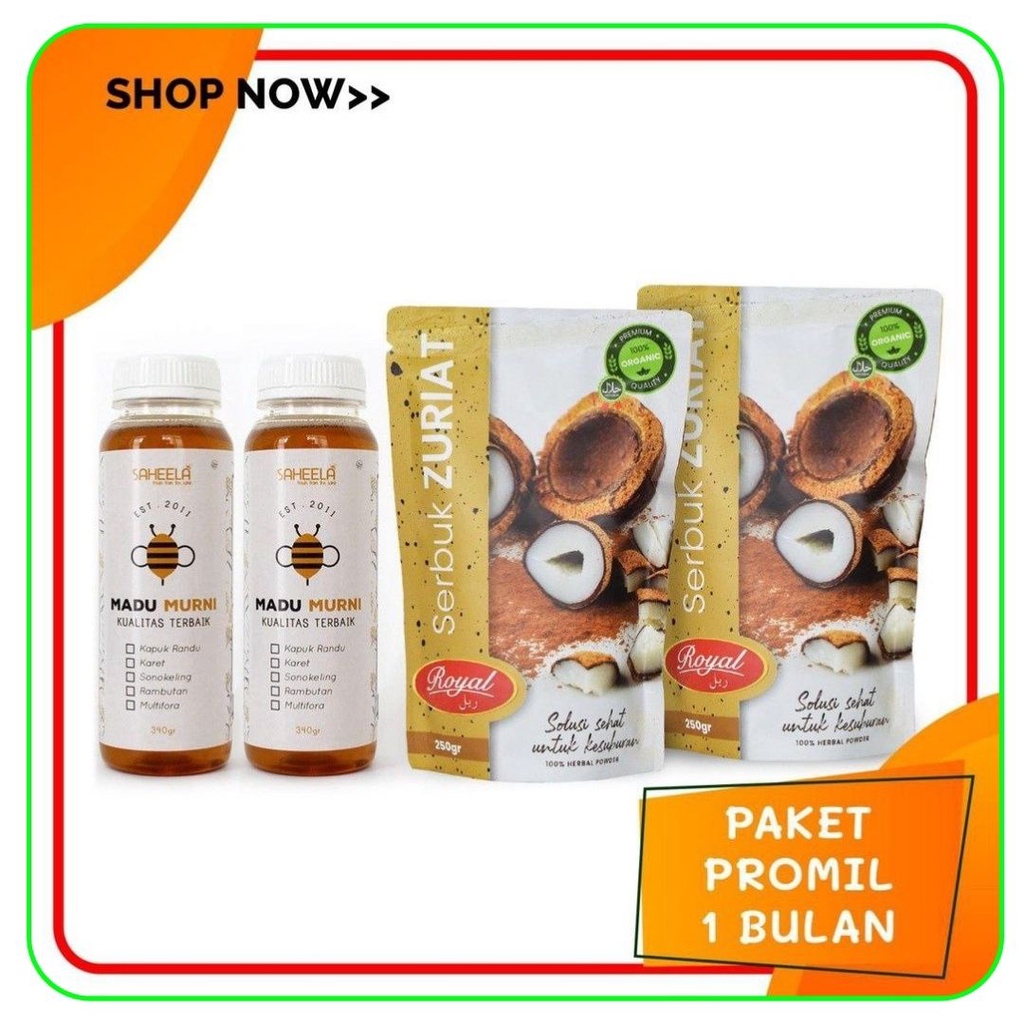 

TERLARIS PAKET PROMIL 1 BULAN "Serbuk Zuriat 250gr 2 pcs + Madu Murni 340gr 2 btl