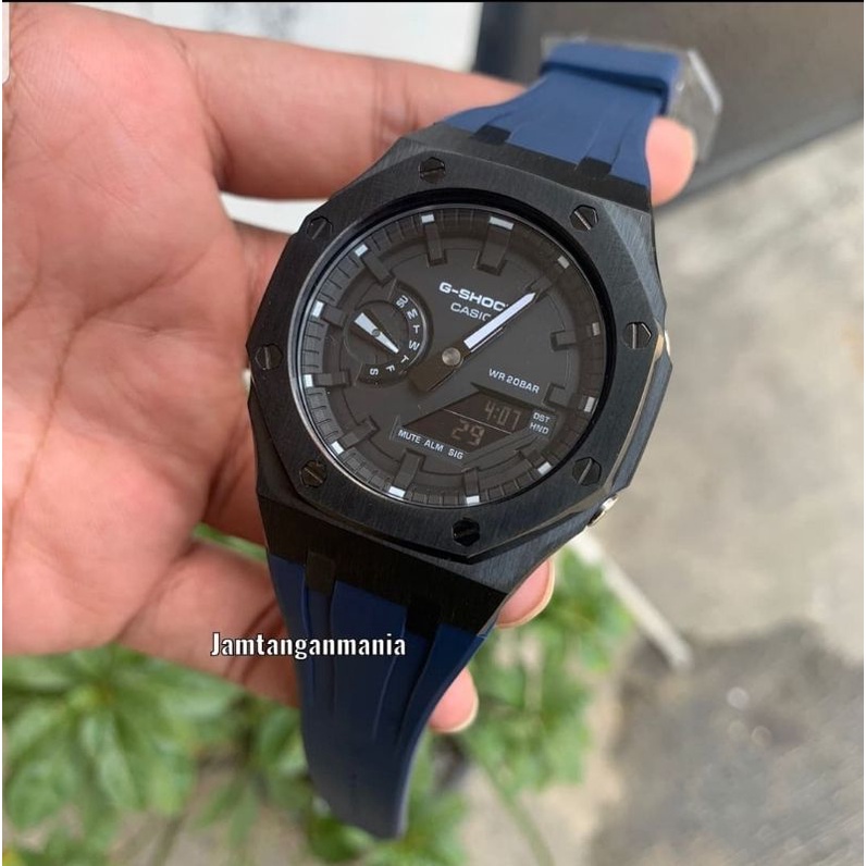 Jam Tangan Casio G-Shock GA2100 GA-2100 Custom Strap navy Bezel Hitam - Black