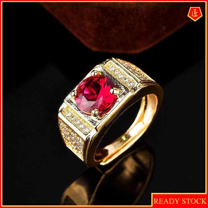 [Ready Stock]Domineering Men's Ring Inlaid Ruby 18K Gold