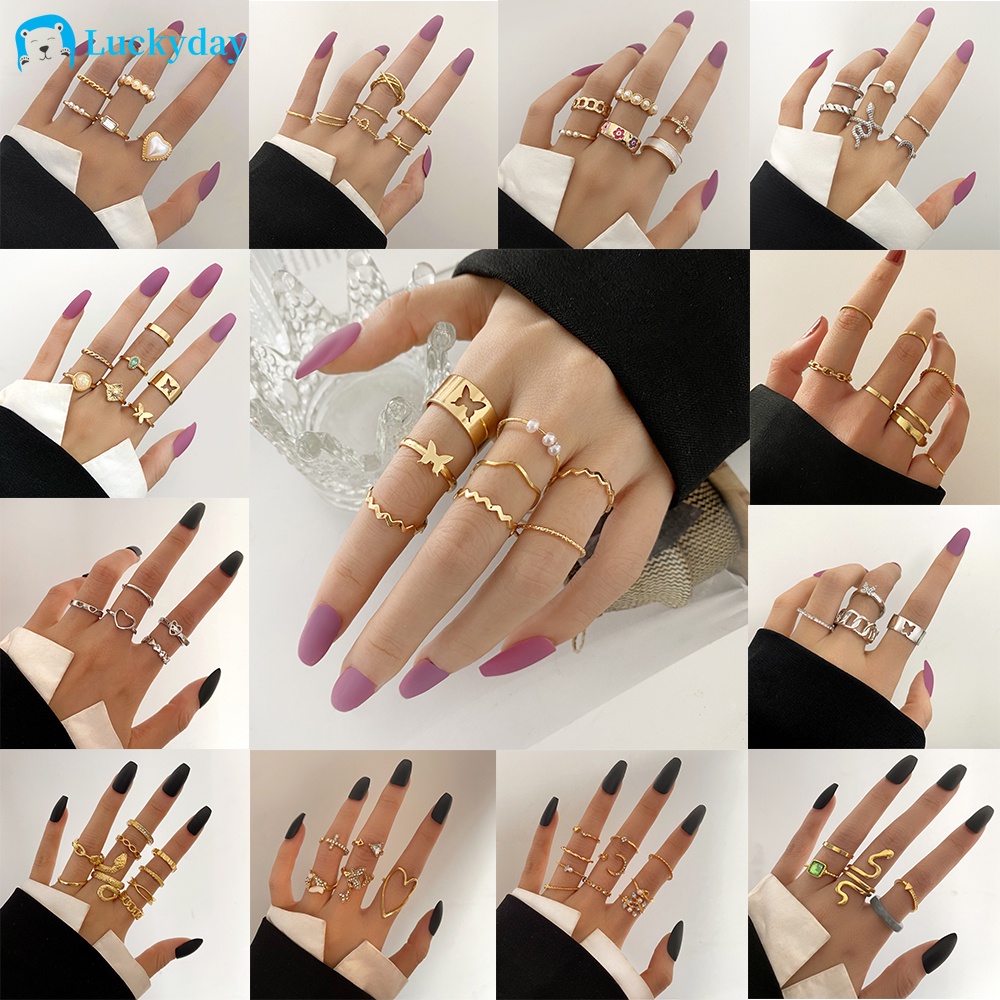 YEEZII Set Perhiasan Cincin Gelang Rantai Butterfly Motif Kotak-Kotak Aksen Mutiara Warna Emas Perak Untuk Wanita