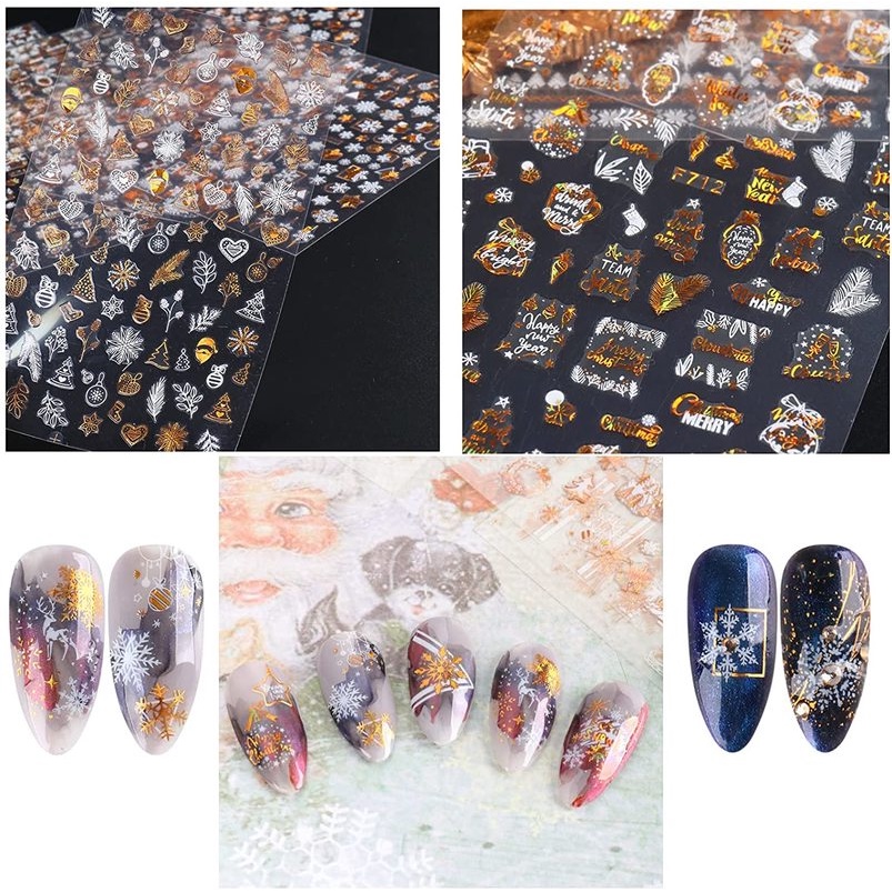 1 Sheet Pack  3D Christmas Gold Silver Snowflakes Nail Foils / 3D Self-Adhesive Tree Bells Elk Snowflake Paper Nails Stickers / Manicure Art Decorations / DIY Nail Decor Tools