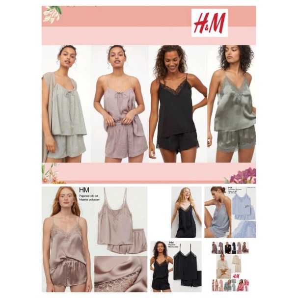 H&amp;M  Celana Tidur  Satin Sleepwear Pjamas  Set Lase Cami Tank + Short | Celana tidiur  Lingerie Original Branded