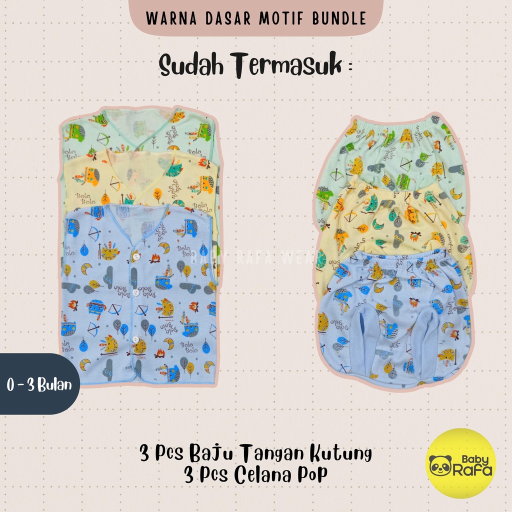 Paket Hemat Baju Bayi Motif 18 pcs / 9 stel merk SNI BOLO - BOLO, Kain Dasar Warna Motif